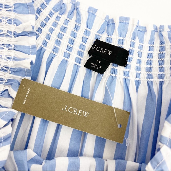 J. Crew Smocked Puff Sleeve Cotton Poplin Dress: Blue White Stripe Nautical - Picture 11 of 14